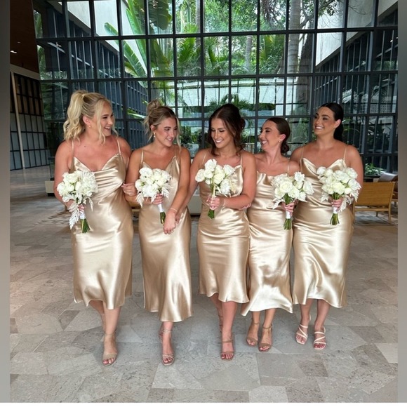 Birdy Grey Lisa Satin Shiny Gold Cowl Neck Midi Dress S NWT - Picture 5 of 10